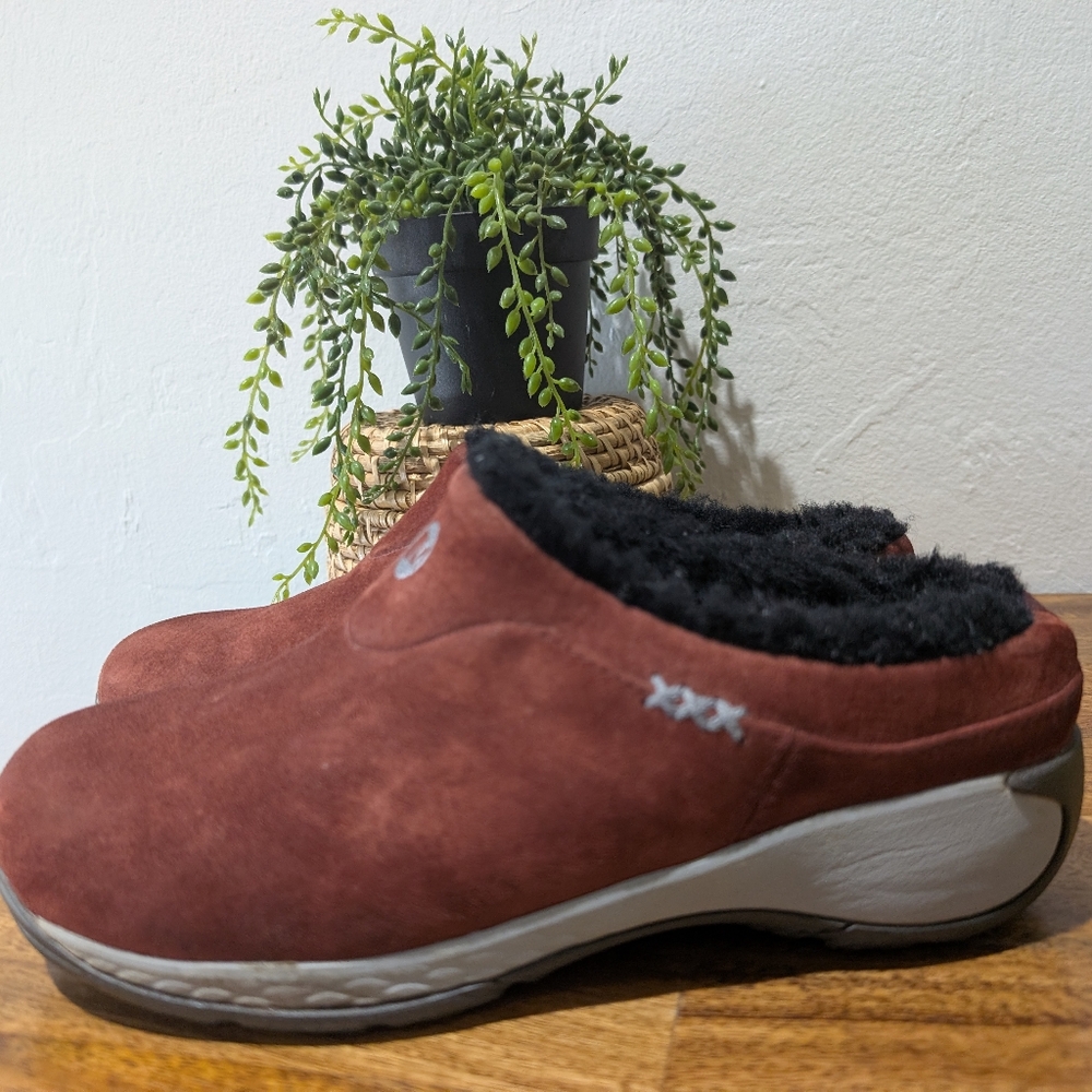 Brown Suede Slip-On Clogs with Black Lining - Picture 2 of 8